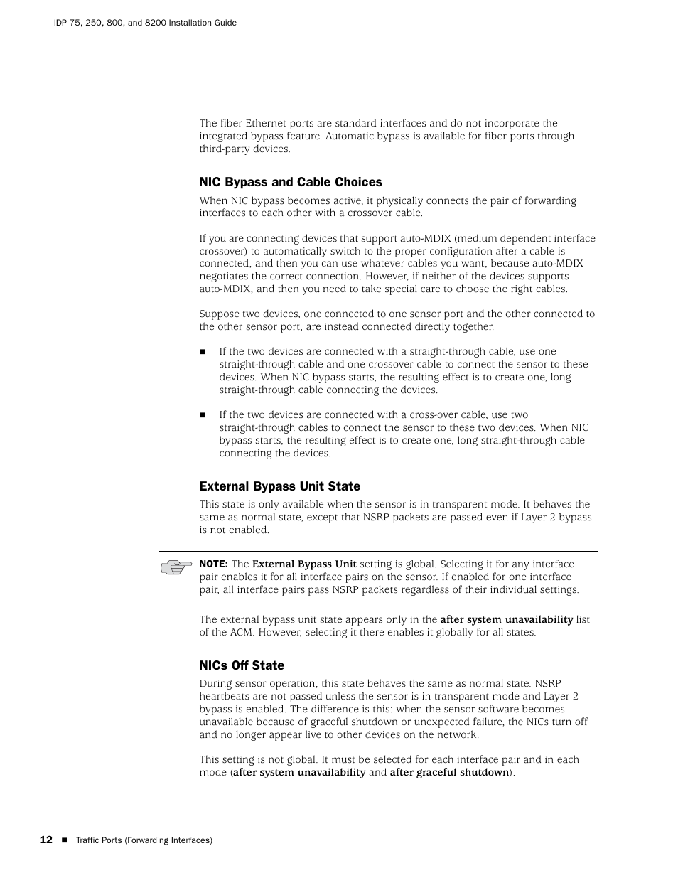 Nic bypass and cable choices, External bypass unit state, Nics off state | Juniper Networks IDP 800 User Manual | Page 26 / 68