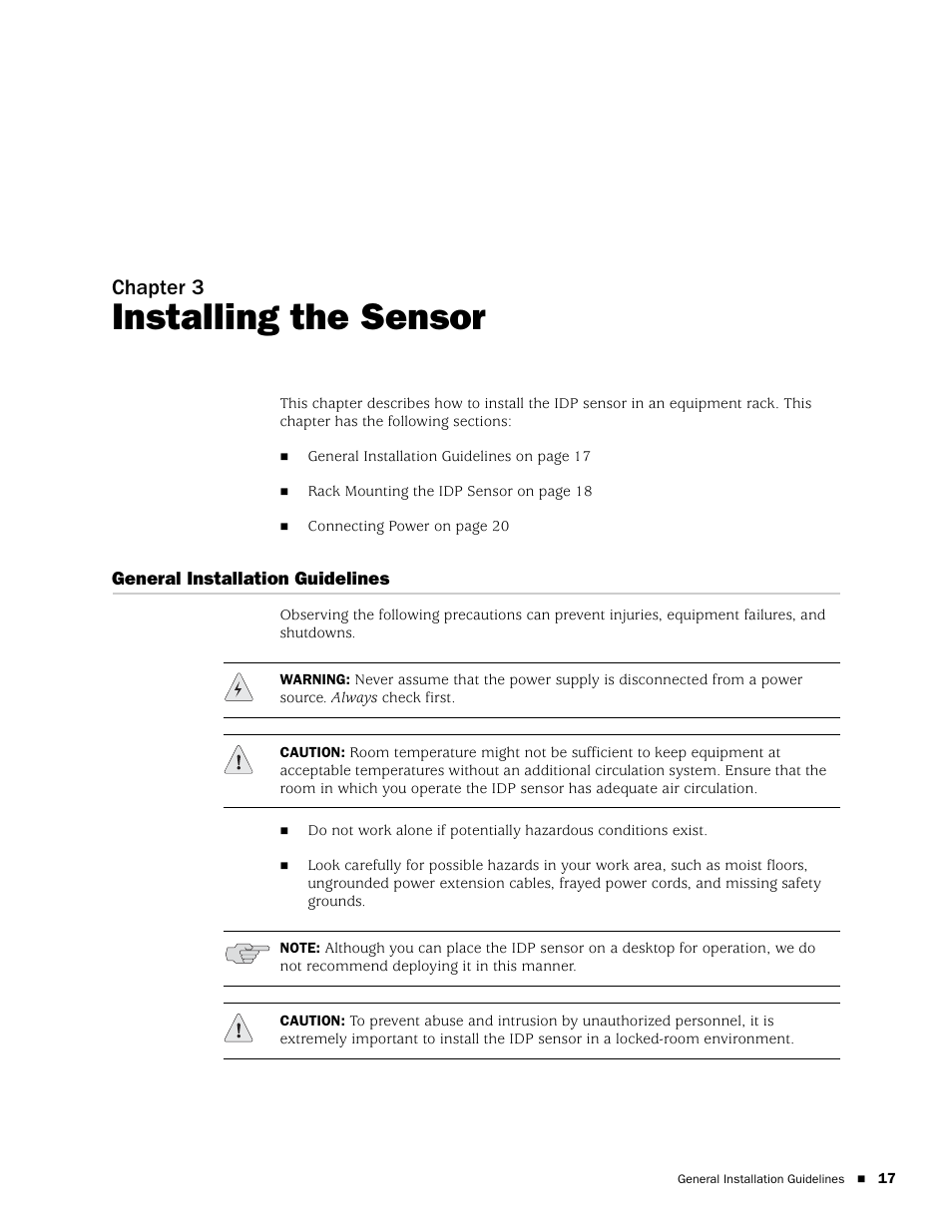 Installing the sensor, General installation guidelines, Chapter 3 | Juniper Networks IDP 800 User Manual | Page 31 / 68