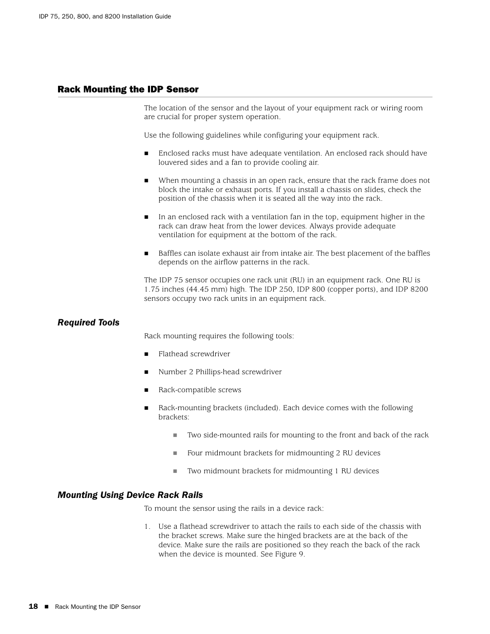 Rack mounting the idp sensor, Required tools, Mounting using device rack rails | Juniper Networks IDP 800 User Manual | Page 32 / 68