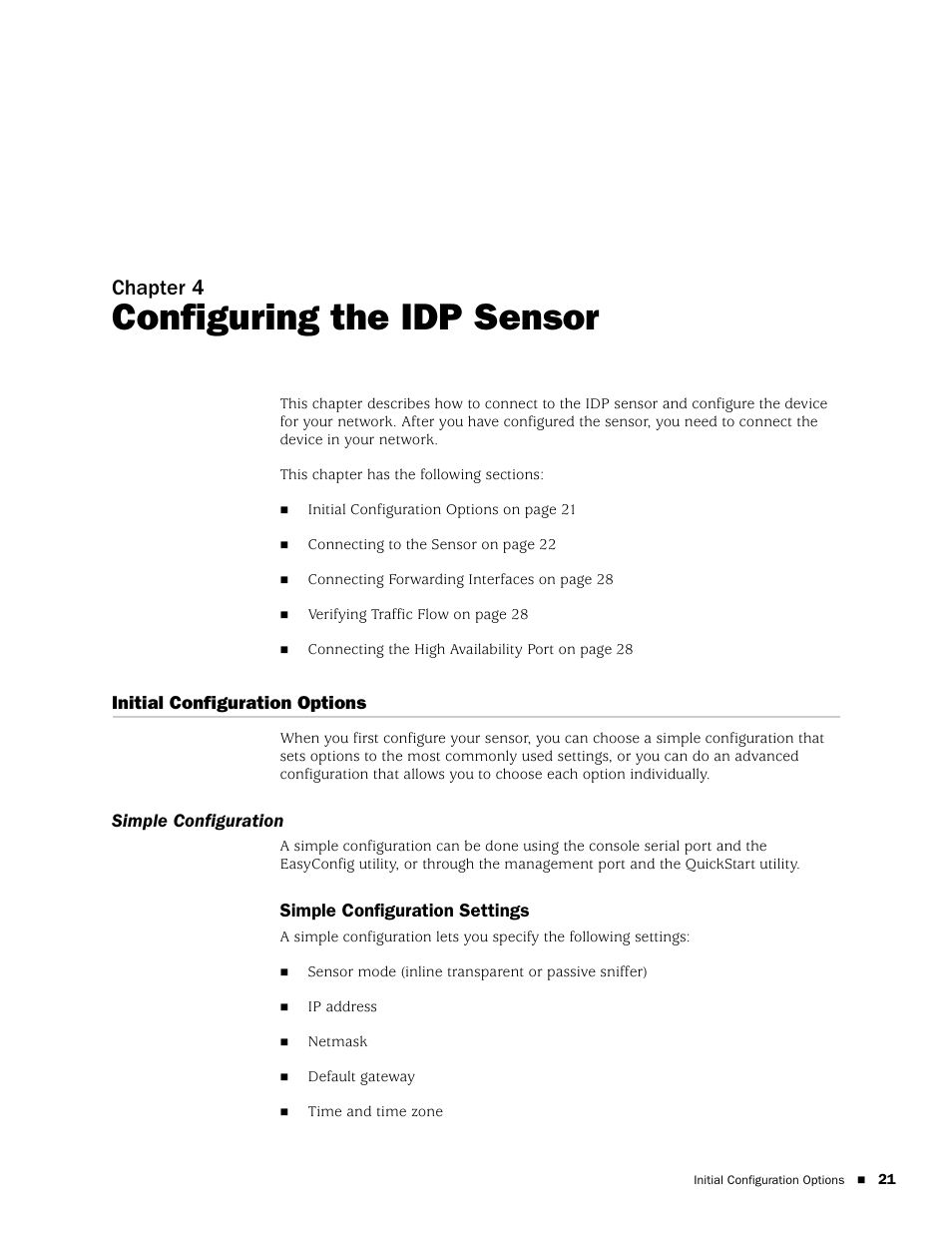 Configuring the idp sensor, Initial configuration options, Simple configuration | Simple configuration settings, Chapter 4 | Juniper Networks IDP 800 User Manual | Page 35 / 68