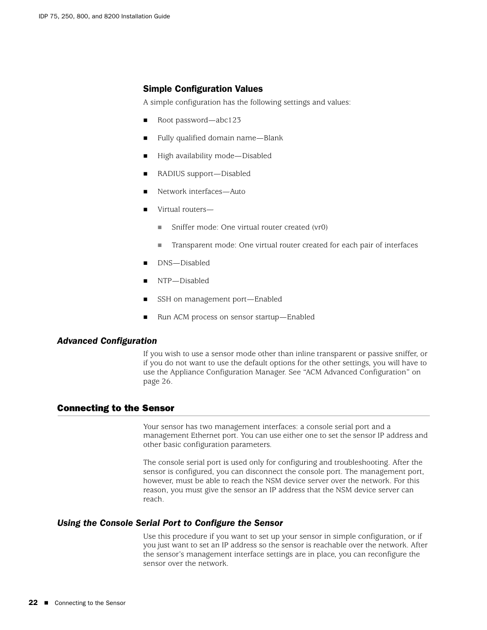 Simple configuration values, Advanced configuration, Connecting to the sensor | Juniper Networks IDP 800 User Manual | Page 36 / 68