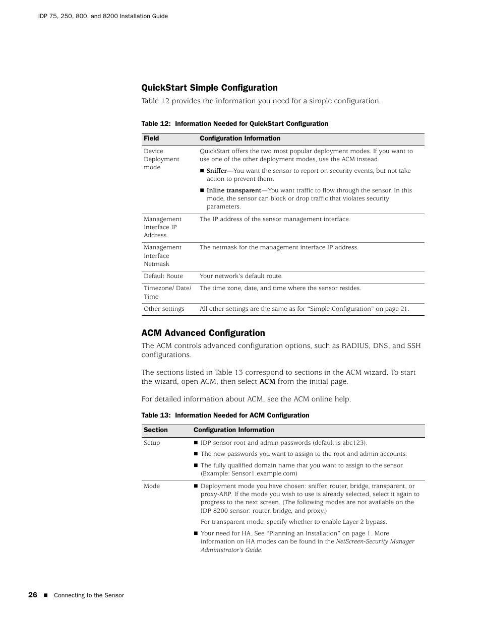 Quickstart simple configuration, Acm advanced configuration | Juniper Networks IDP 800 User Manual | Page 40 / 68