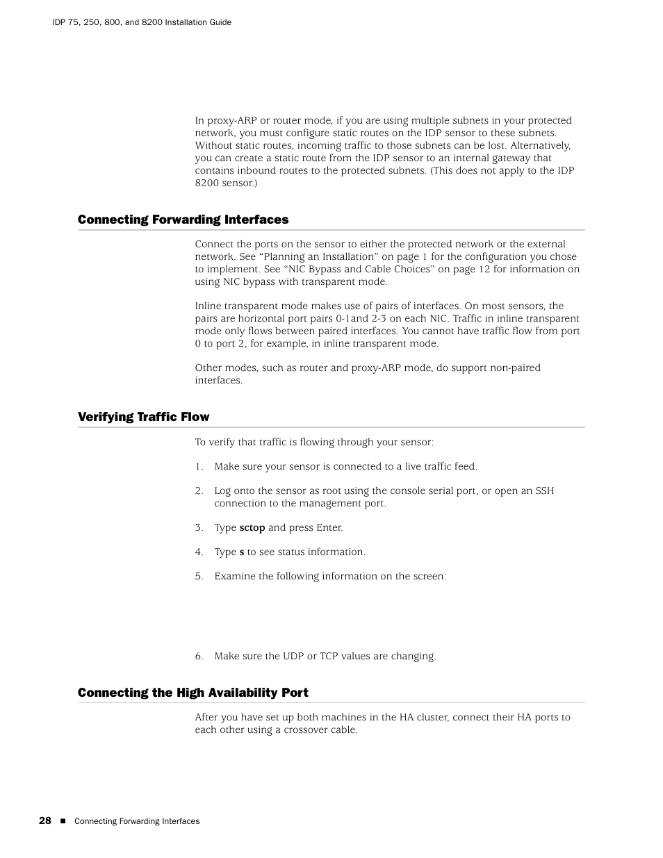 Connecting forwarding interfaces, Verifying traffic flow, Connecting the high availability port | Juniper Networks IDP 800 User Manual | Page 42 / 68