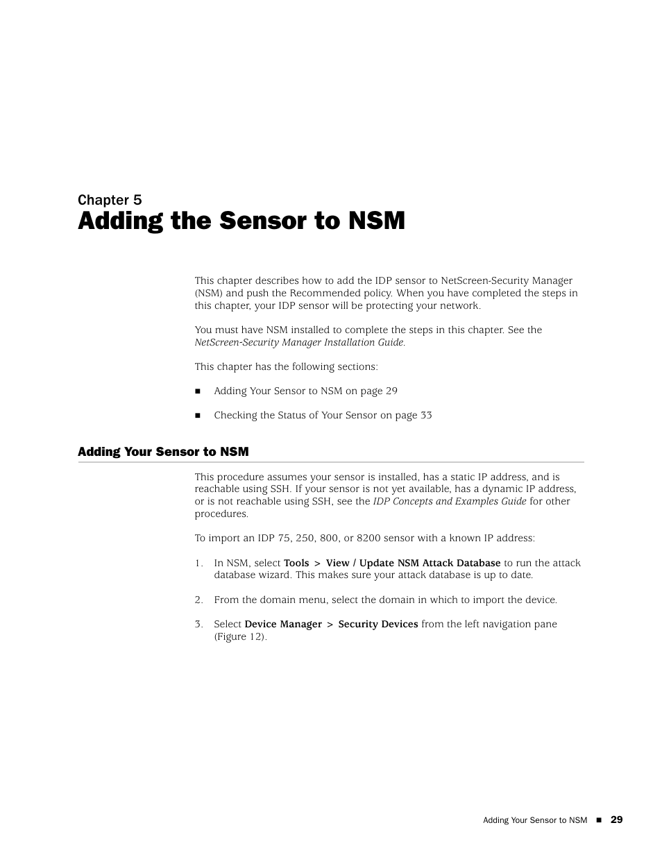 Adding the sensor to nsm, Adding your sensor to nsm, Chapter 5 | Juniper Networks IDP 800 User Manual | Page 43 / 68
