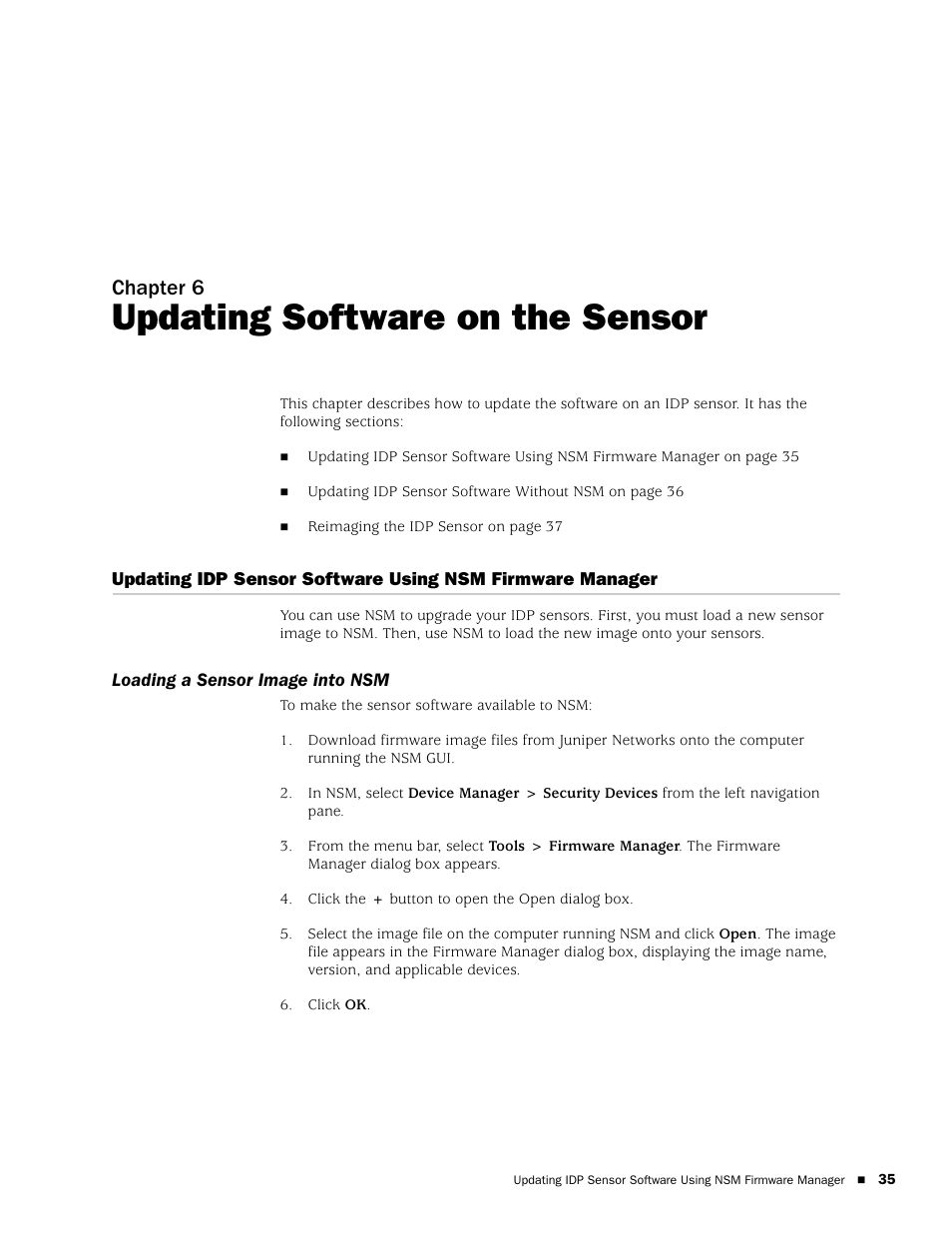 Updating software on the sensor, Loading a sensor image into nsm, Chapter 6 | Juniper Networks IDP 800 User Manual | Page 49 / 68