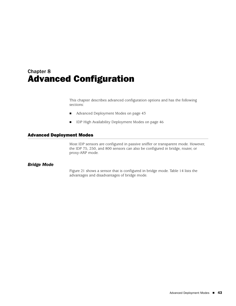 Advanced configuration, Advanced deployment modes, Bridge mode | Chapter 8 | Juniper Networks IDP 800 User Manual | Page 57 / 68