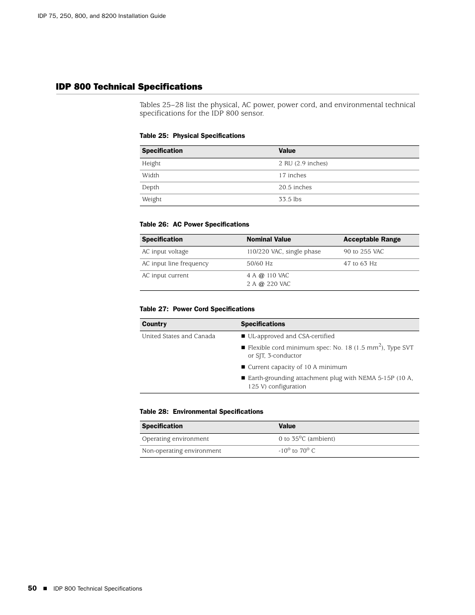 Idp 800 technical specifications | Juniper Networks IDP 800 User Manual | Page 64 / 68