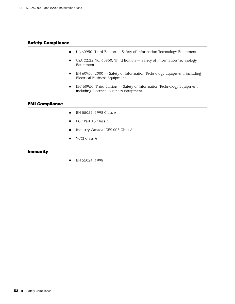 Safety compliance, Emi compliance, Immunity | Safety compliance emi compliance immunity | Juniper Networks IDP 800 User Manual | Page 66 / 68