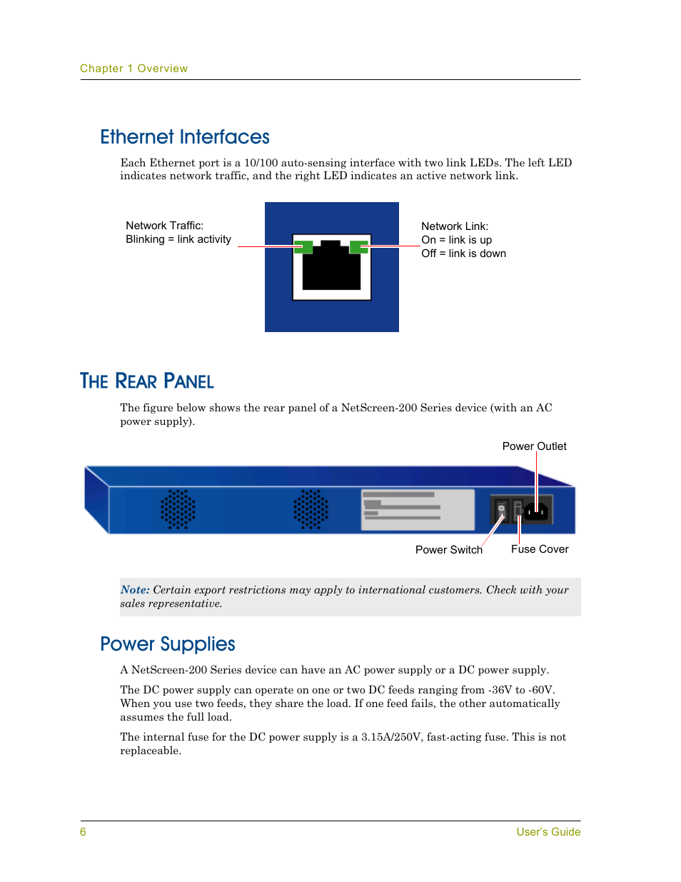 Ethernet interfaces, The rear panel, Power supplies | Anel | Juniper Networks NETSCREEN 200 User Manual | Page 12 / 40