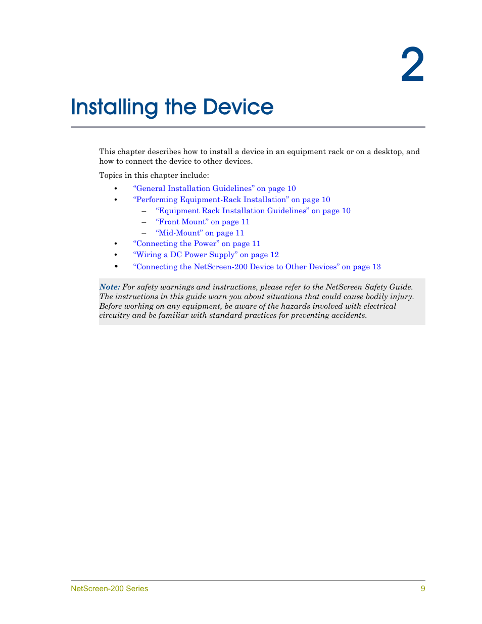 Installing the device, Chapter 2 installing the device, Ter 2 | Describes how to rack-m | Juniper Networks NETSCREEN 200 User Manual | Page 15 / 40