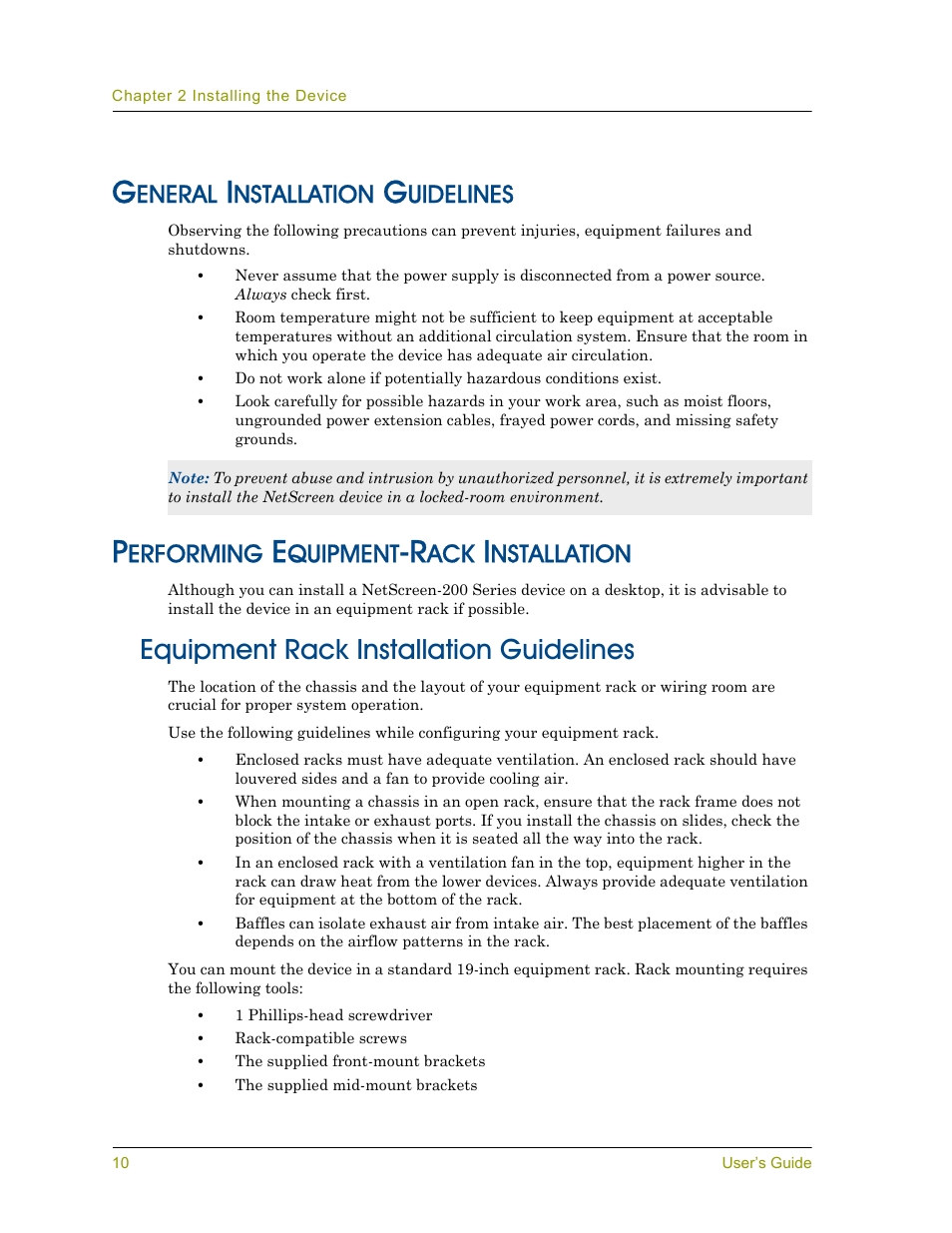 General installation guidelines, Performing equipment-rack installation, Equipment rack installation guidelines | Eneral, Nstallation, Uidelines, Erforming, Quipment | Juniper Networks NETSCREEN 200 User Manual | Page 16 / 40