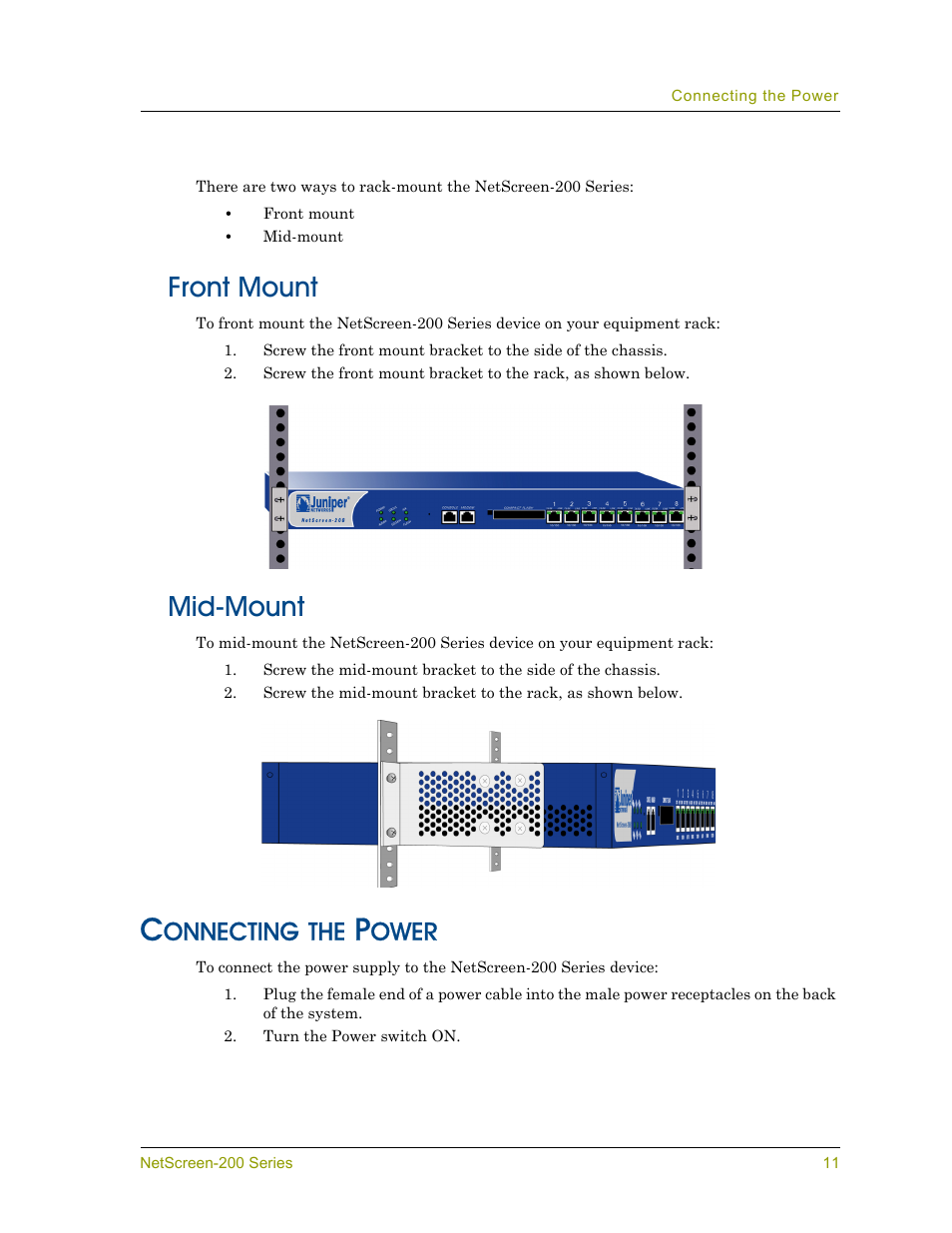Front mount, Mid-mount, Connecting the power | Front mount mid-mount, Onnecting, Ower | Juniper Networks NETSCREEN 200 User Manual | Page 17 / 40