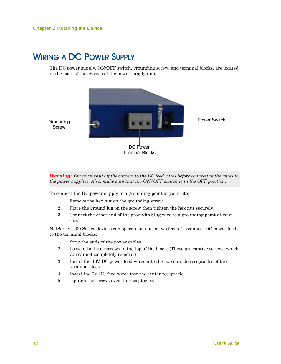 Wiring a dc power supply, Dc p, Iring | Ower, Upply | Juniper Networks NETSCREEN 200 User Manual | Page 18 / 40