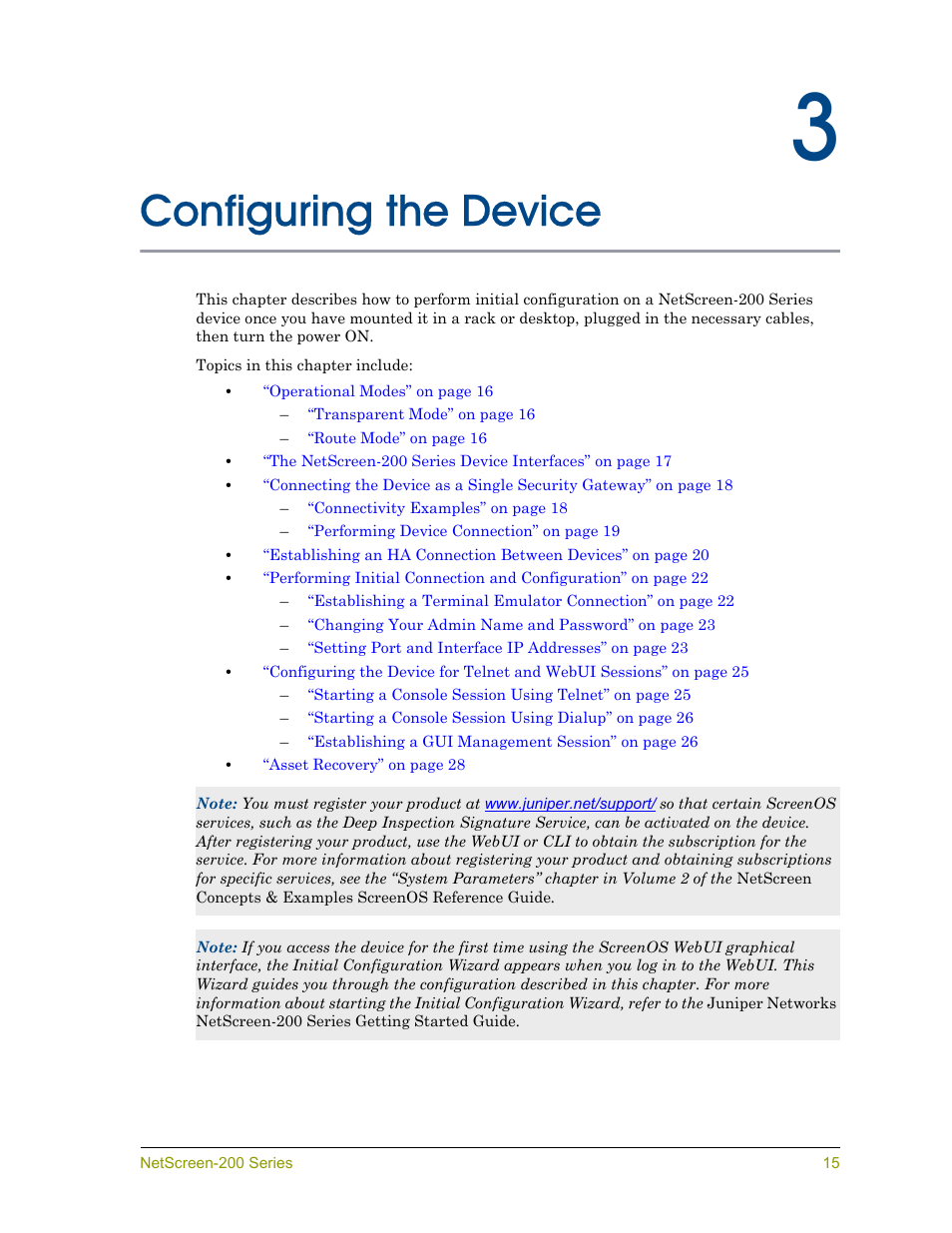 Configuring the device, Chapter 3 configuring the device, Ter 3 | Juniper Networks NETSCREEN 200 User Manual | Page 21 / 40