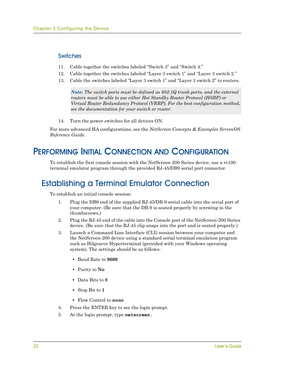 Performing initial connection and configuration, Establishing a terminal emulator connection, Erforming | Nitial, Onnection, Onfiguration | Juniper Networks NETSCREEN 200 User Manual | Page 28 / 40