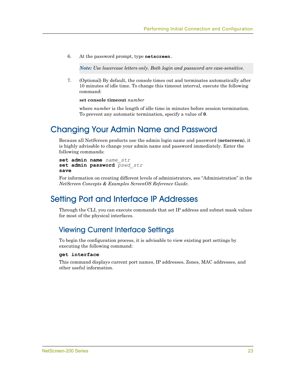 Changing your admin name and password, Setting port and interface ip addresses, Viewing current interface settings | Juniper Networks NETSCREEN 200 User Manual | Page 29 / 40