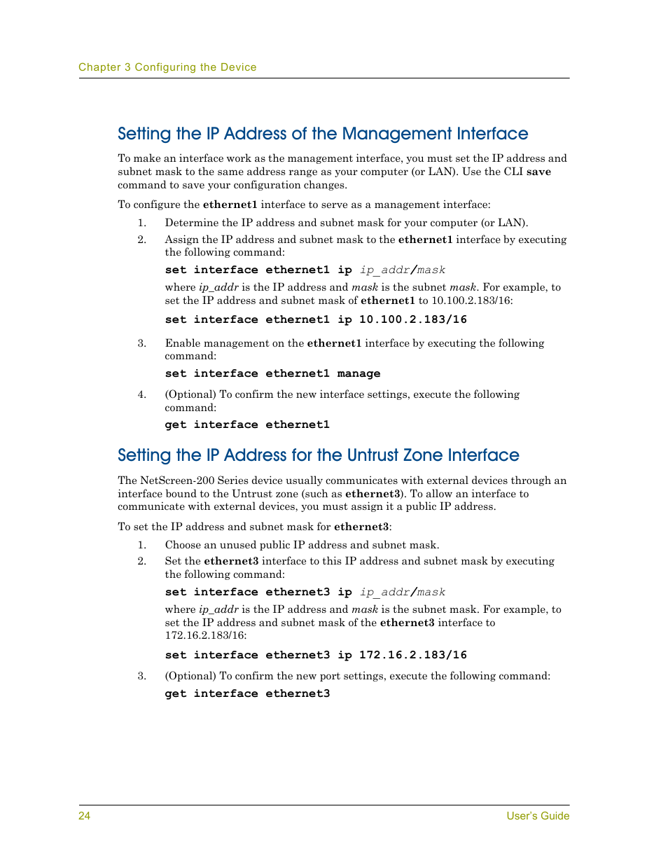 Setting the ip address of the management interface | Juniper Networks NETSCREEN 200 User Manual | Page 30 / 40