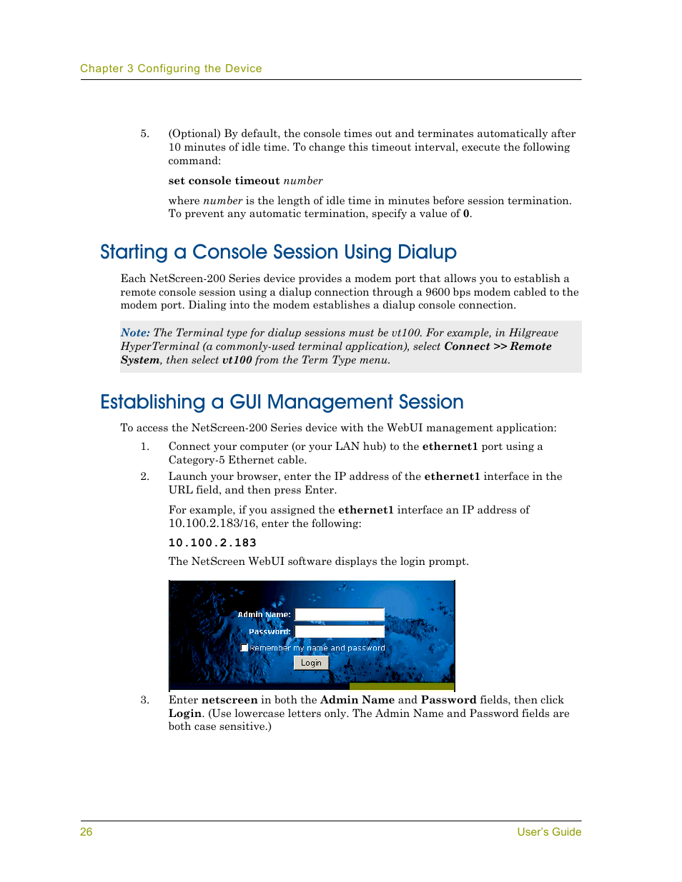 Starting a console session using dialup, Establishing a gui management session | Juniper Networks NETSCREEN 200 User Manual | Page 32 / 40