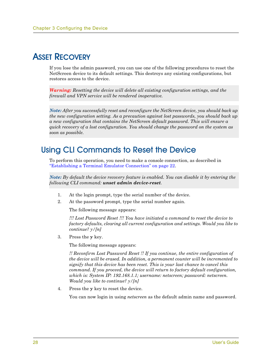 Asset recovery, Using cli commands to reset the device, Sset | Ecovery | Juniper Networks NETSCREEN 200 User Manual | Page 34 / 40
