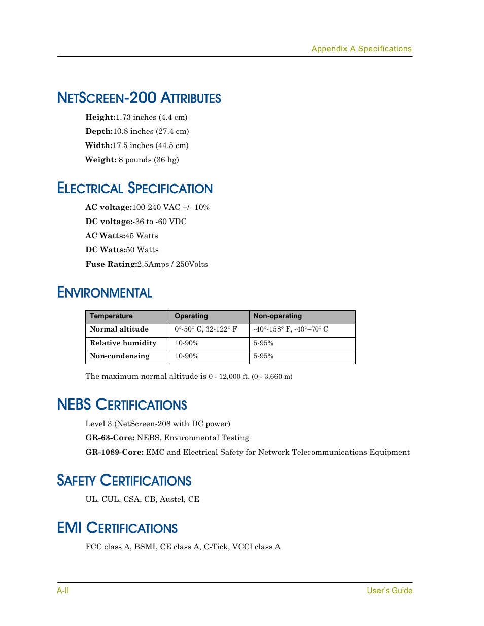 200 a, Nebs c, Emi c | Creen, Ttributes, Lectrical, Pecification, Nvironmental, Ertifications, Afety | Juniper Networks NETSCREEN 200 User Manual | Page 38 / 40