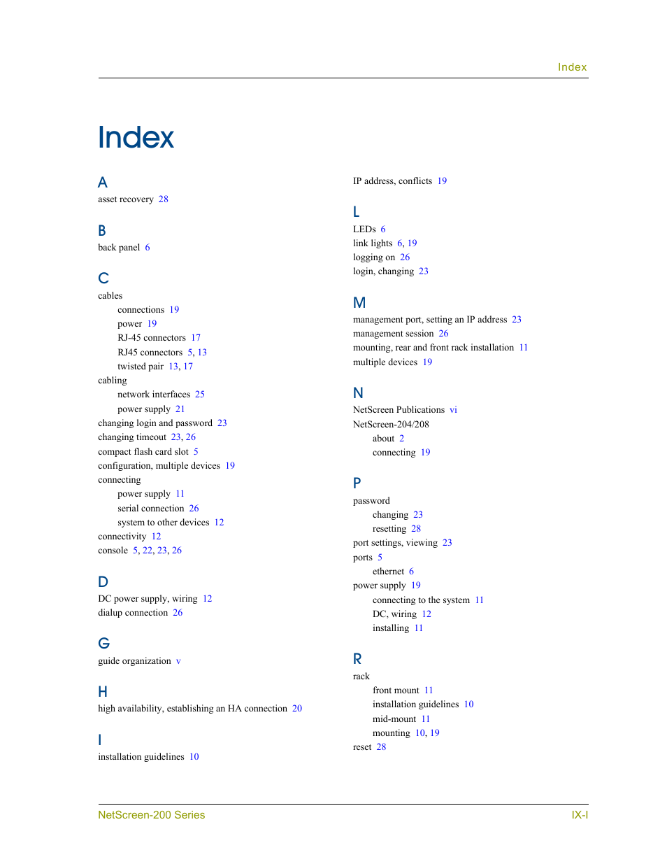 Index | Juniper Networks NETSCREEN 200 User Manual | Page 39 / 40