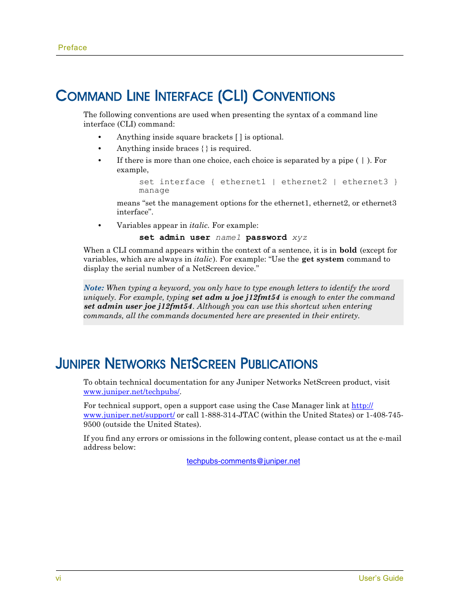 Command line interface (cli) conventions, Juniper networks netscreen publications, Cli) c | Ommand, Nterface, Onventions, Uniper, Etworks, Creen, Ublications | Juniper Networks NETSCREEN 200 User Manual | Page 6 / 40