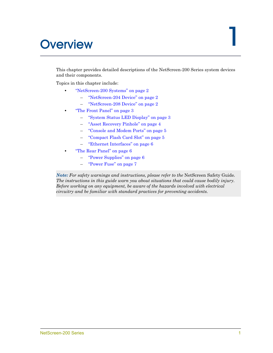 Overview, Chapter 1 overview, Ter 1 | Prov | Juniper Networks NETSCREEN 200 User Manual | Page 7 / 40