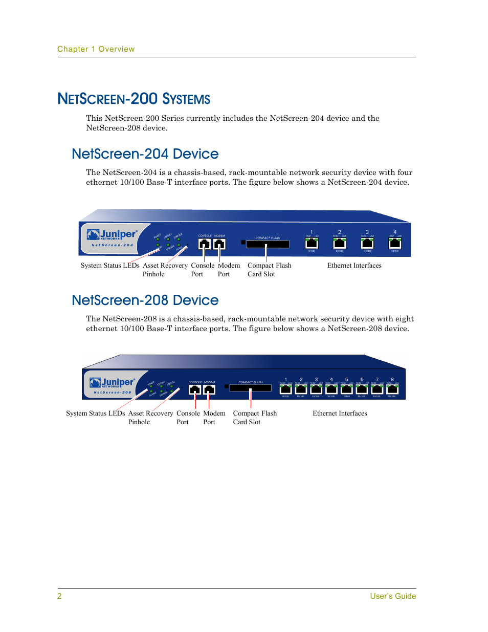 Netscreen-200 systems, Netscreen-204 device, Netscreen-208 device | Netscreen-204 device netscreen-208 device, 200 s, Creen, Ystems | Juniper Networks NETSCREEN 200 User Manual | Page 8 / 40