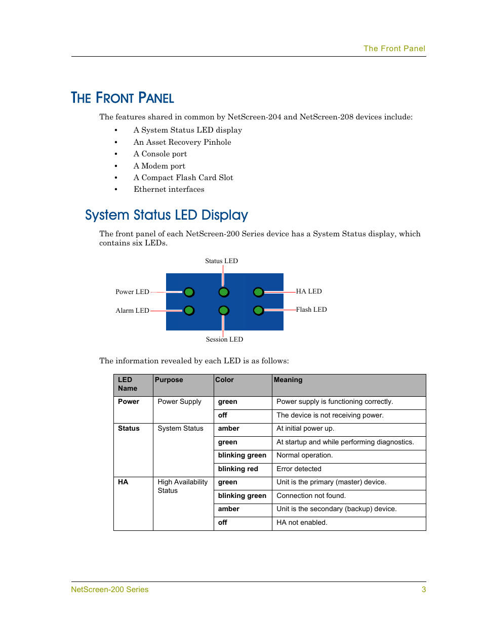 The front panel, System status led display, Ront | Anel | Juniper Networks NETSCREEN 200 User Manual | Page 9 / 40