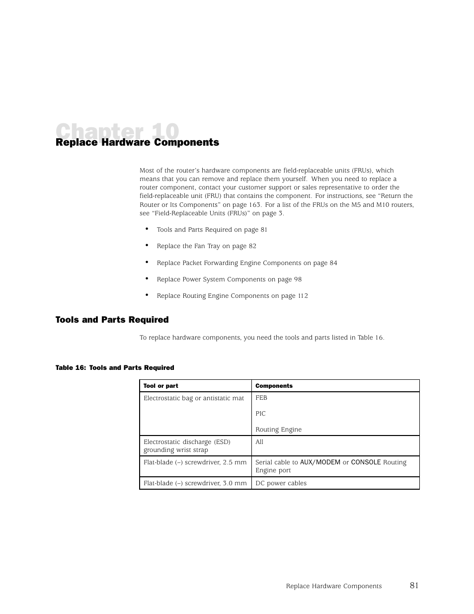 Chapter 10, Replace hardware components | Juniper Networks M5 User Manual | Page 101 / 205