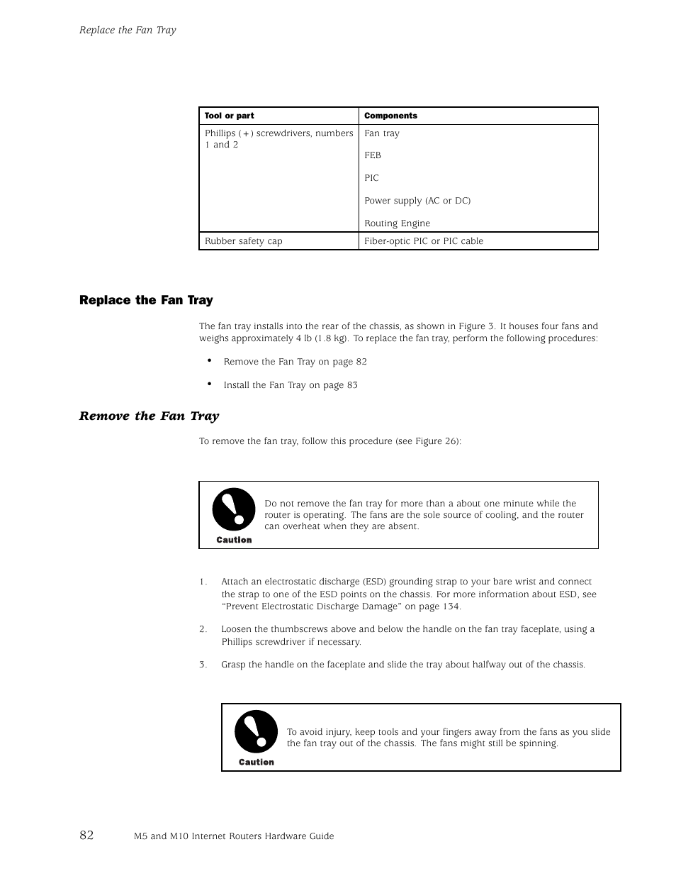 Replace the fan tray, Remove the fan tray | Juniper Networks M5 User Manual | Page 102 / 205