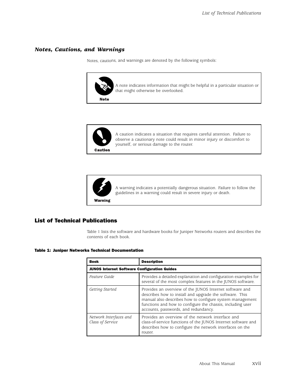 Xvii, List of technical publications | Juniper Networks M5 User Manual | Page 17 / 205