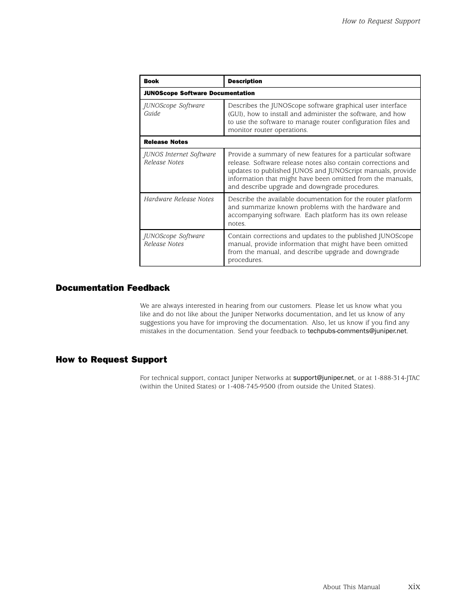 Documentation feedback, How to request support | Juniper Networks M5 User Manual | Page 19 / 205