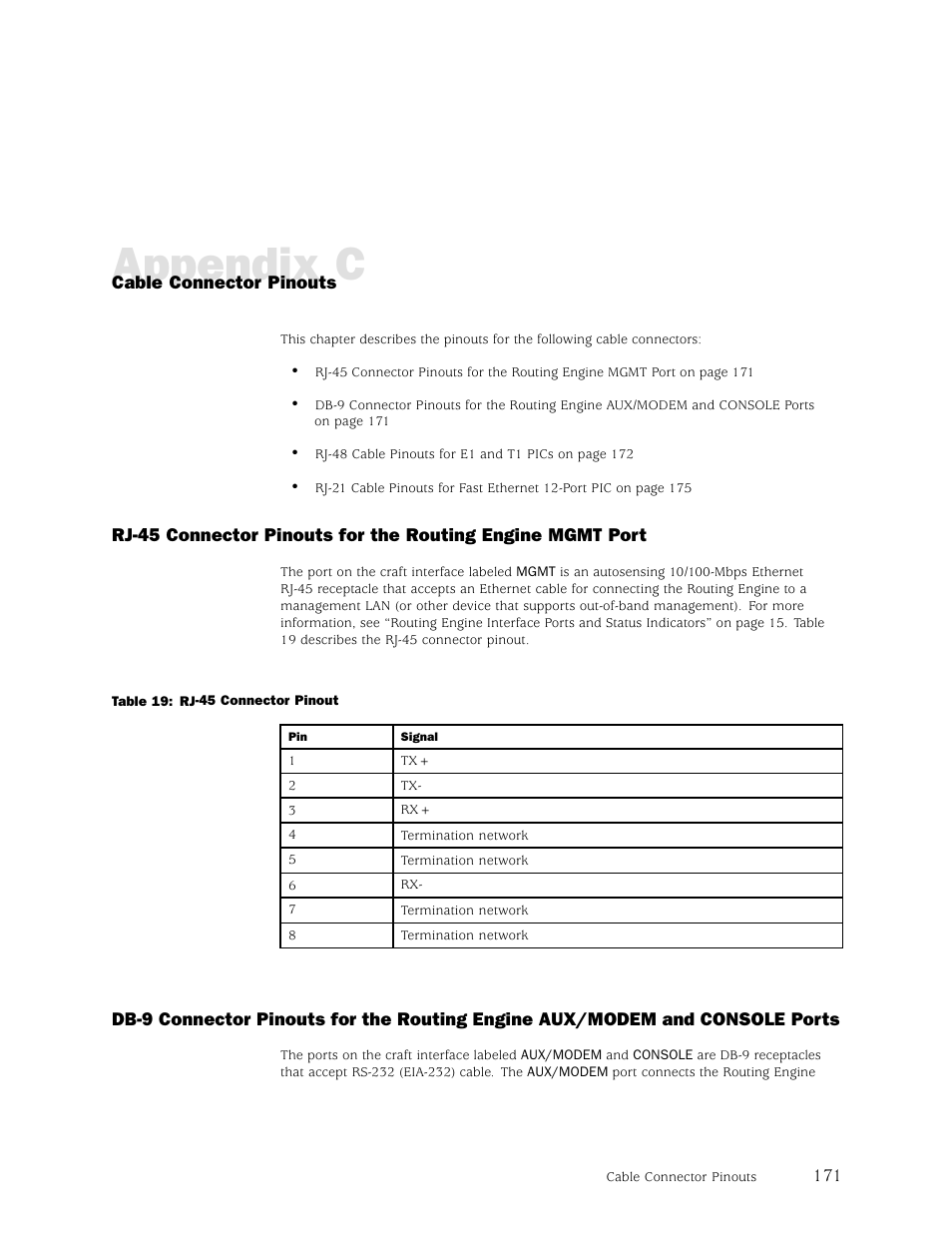 Cable connector pinouts, Appendix c | Juniper Networks M5 User Manual | Page 191 / 205