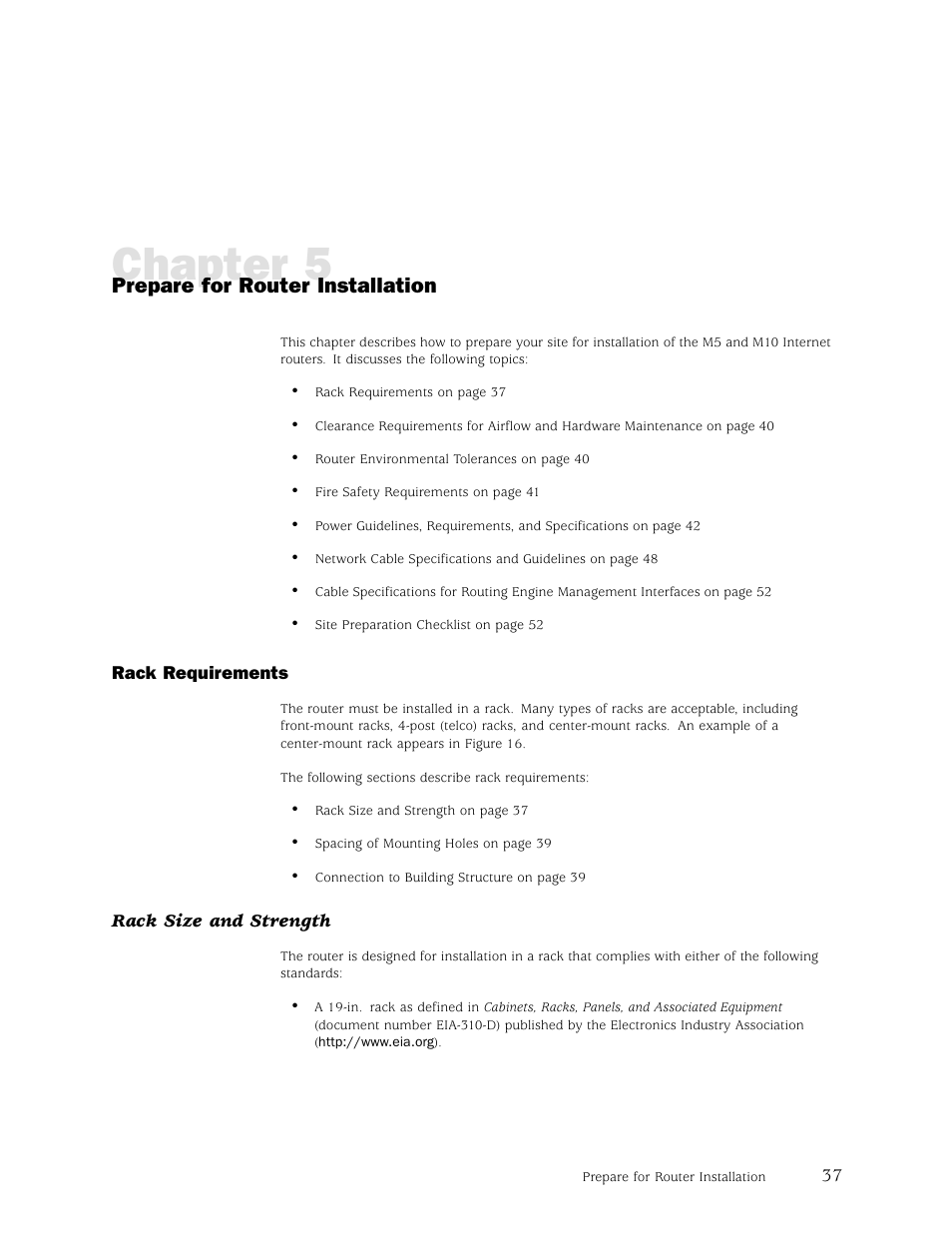 Chapter 5, Prepare for router installation | Juniper Networks M5 User Manual | Page 57 / 205