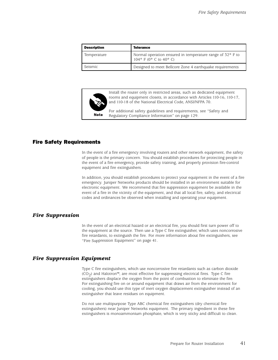 Fire safety requirements, Fire suppression, Fire suppression equipment | Juniper Networks M5 User Manual | Page 61 / 205