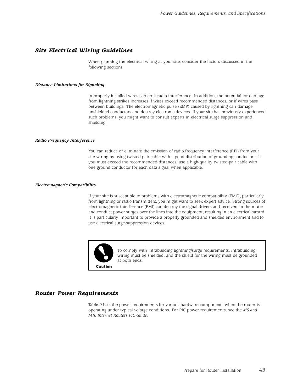 Site electrical wiring guidelines, Router power requirements | Juniper Networks M5 User Manual | Page 63 / 205