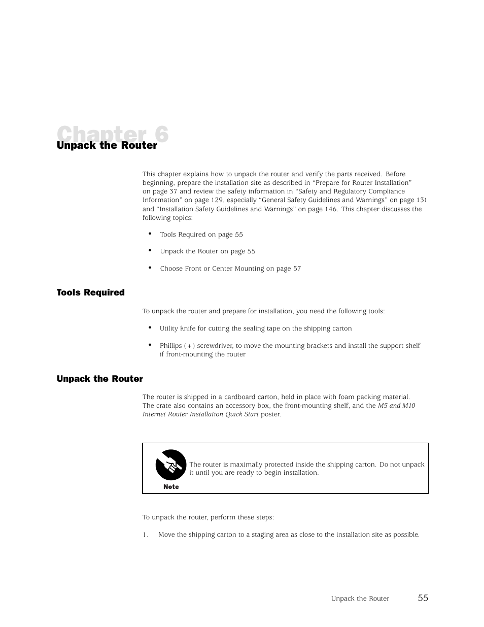 Chapter 6, Unpack the router | Juniper Networks M5 User Manual | Page 75 / 205