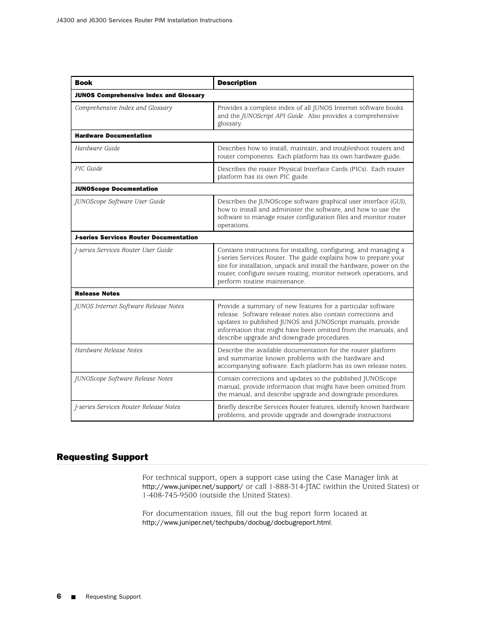 Requesting support | Juniper Networks J6300 User Manual | Page 6 / 7