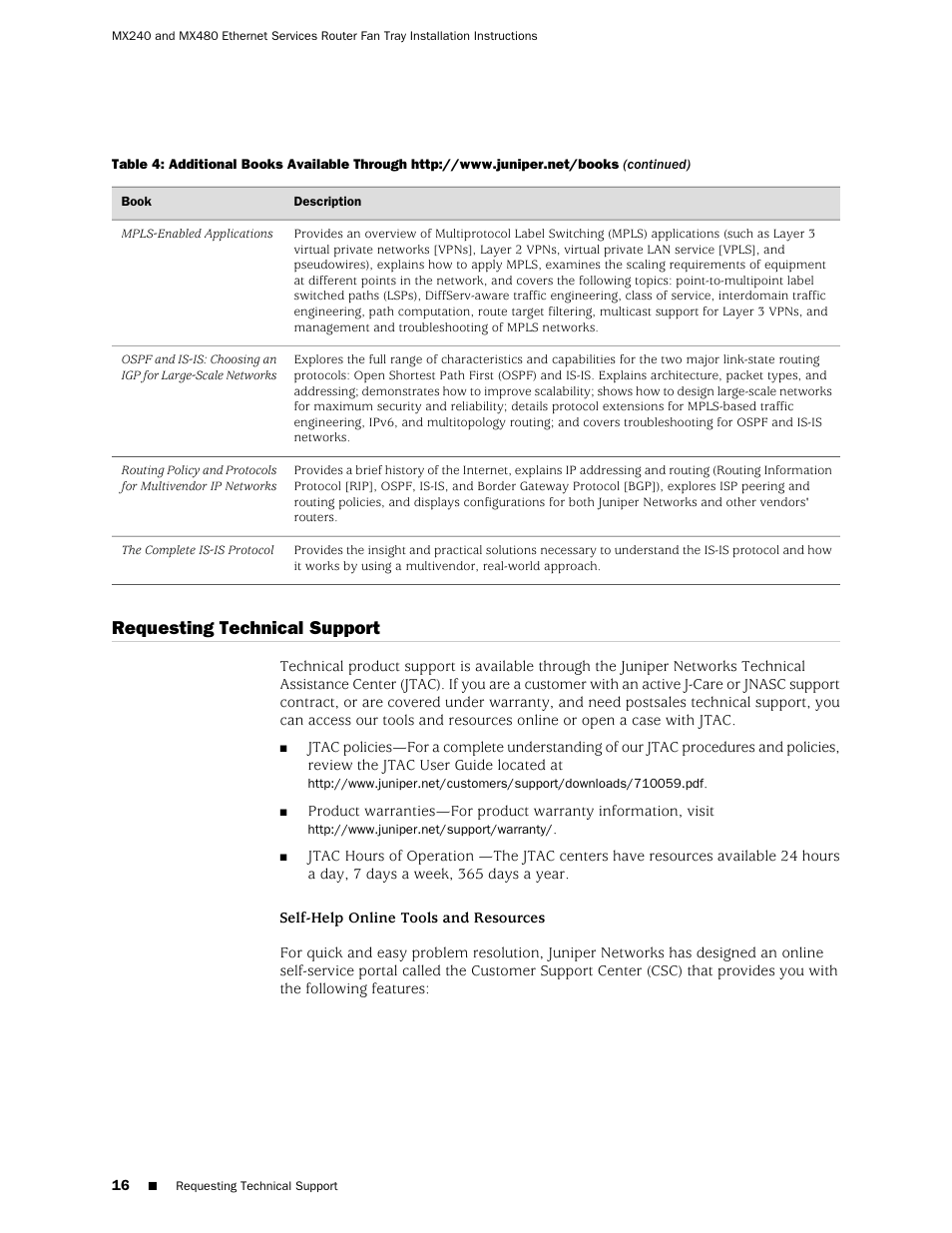 Requesting technical support | Juniper Networks Juniper MX-series MX480 User Manual | Page 16 / 17