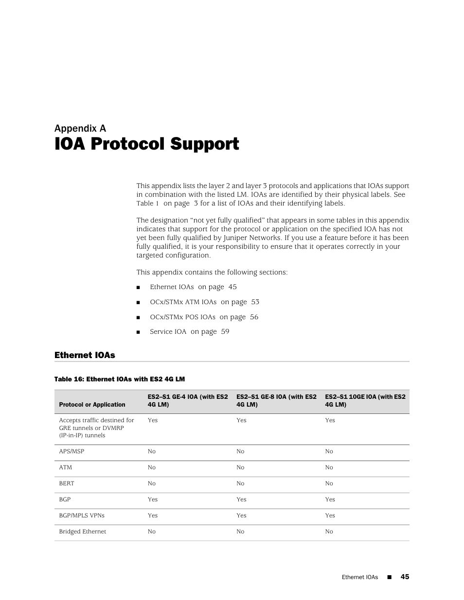 Ioa protocol support, Ethernet ioas, Appendix a | Juniper Networks RELEASE 8.1.X E320 User Manual | Page 45 / 70