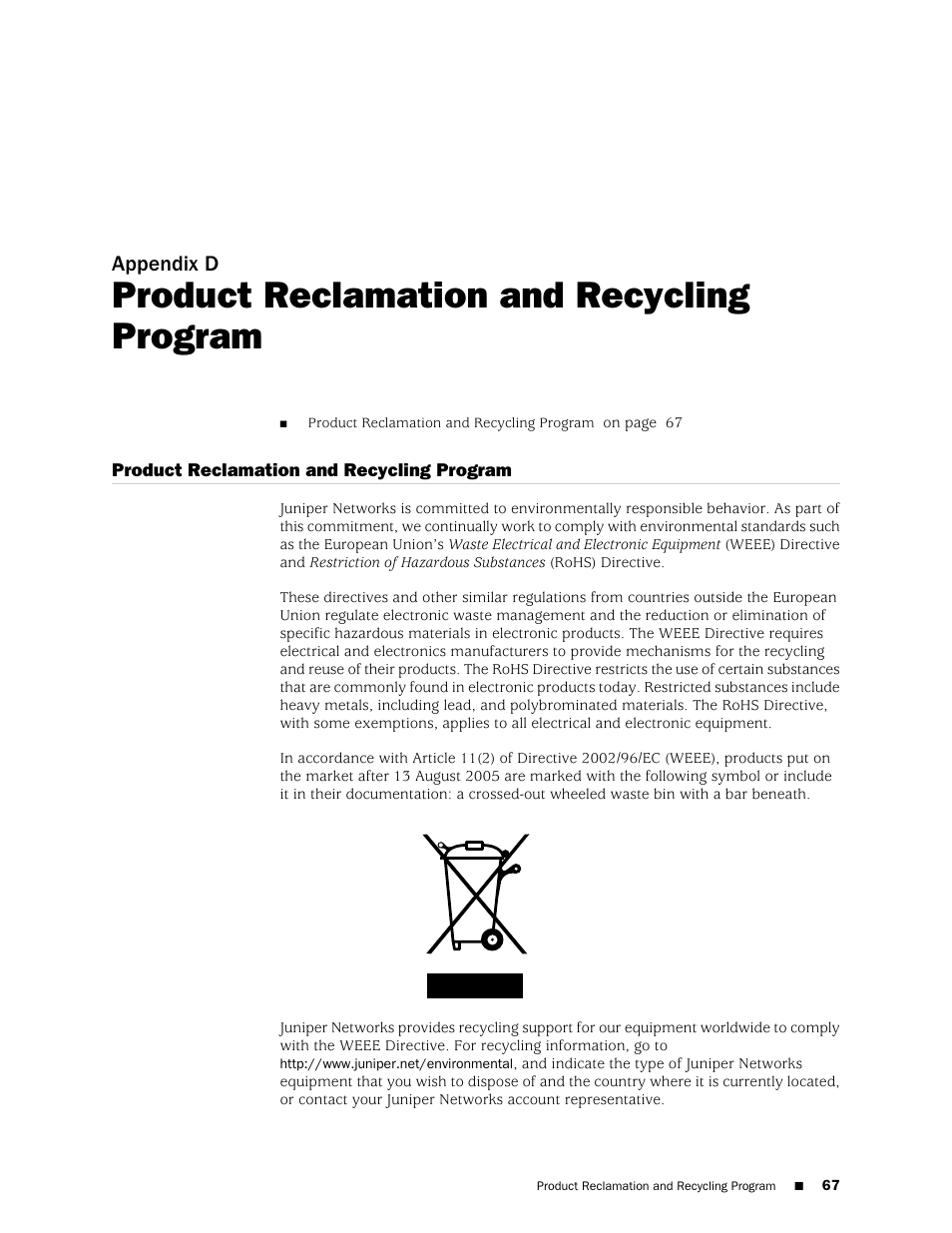 Product reclamation and recycling program, Appendix d | Juniper Networks RELEASE 8.1.X E320 User Manual | Page 67 / 70