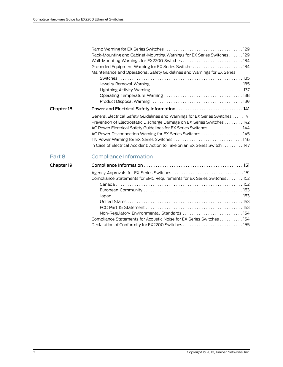 Part 8 compliance information | Juniper Networks EX2200 User Manual | Page 10 / 176