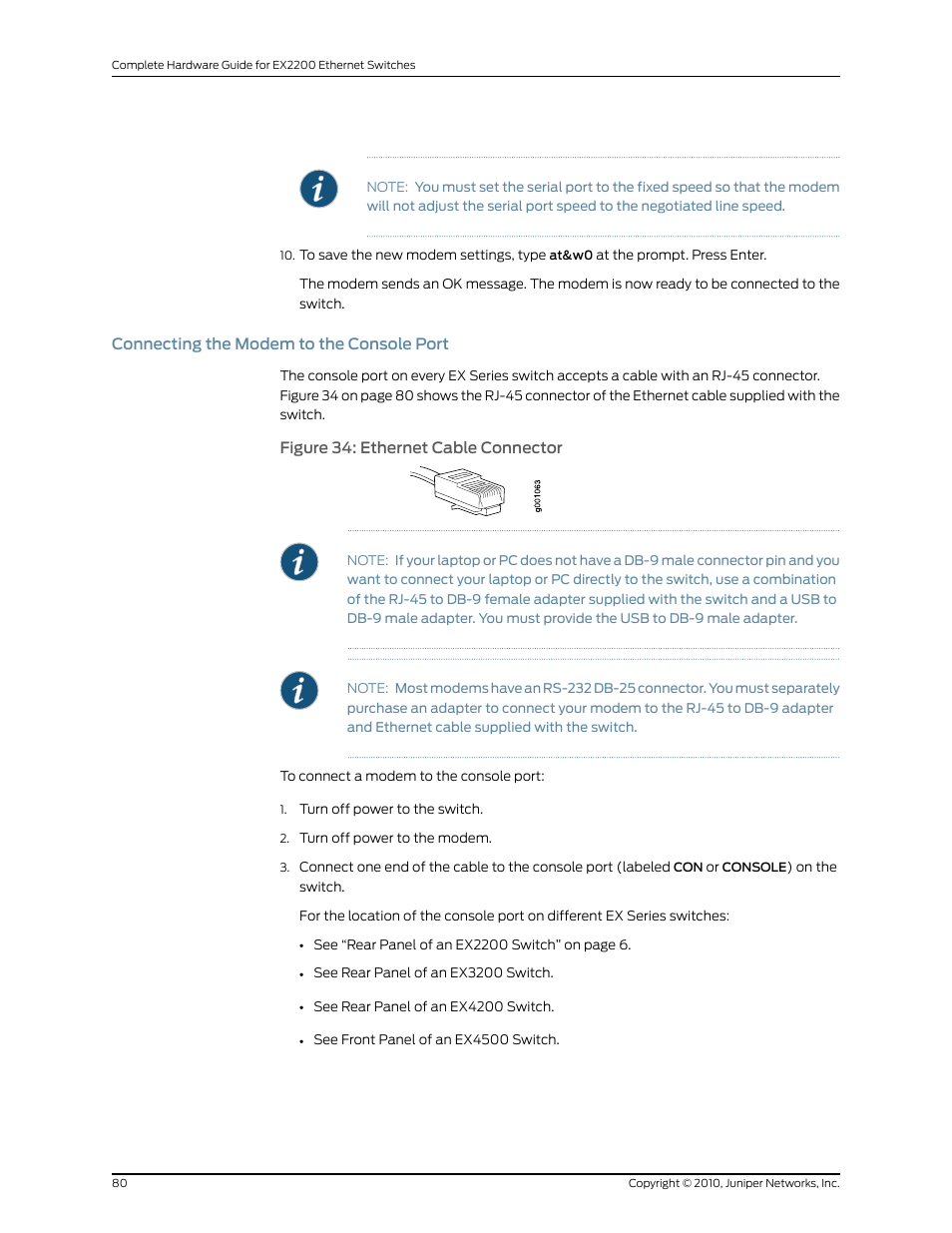 Connecting the modem to the console port, Figure 34: ethernet cable connector | Juniper Networks EX2200 User Manual | Page 100 / 176