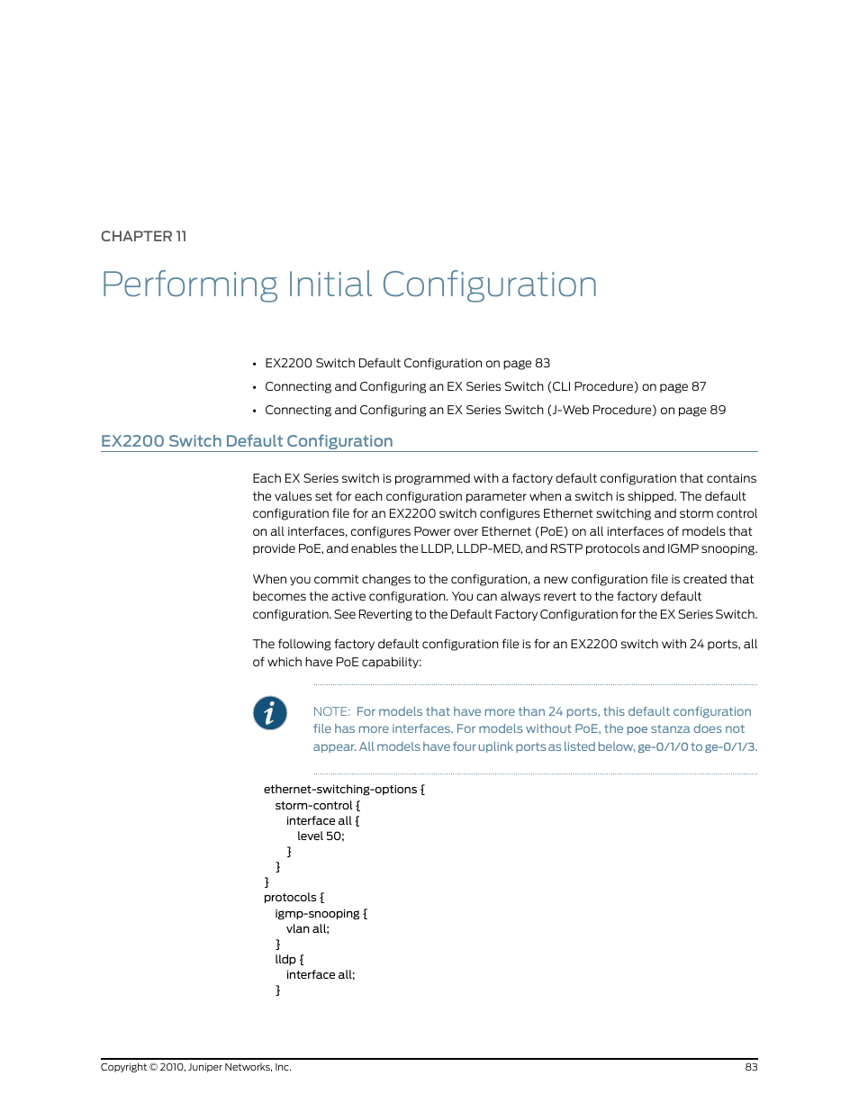 Chapter 11: performing initial configuration, Ex2200 switch default configuration, Chapter 11 | Performing initial configuration | Juniper Networks EX2200 User Manual | Page 103 / 176