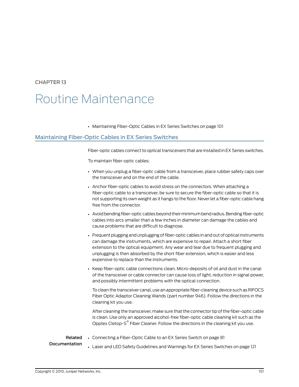 Chapter 13: routine maintenance, Chapter 13, Routine maintenance | Juniper Networks EX2200 User Manual | Page 121 / 176
