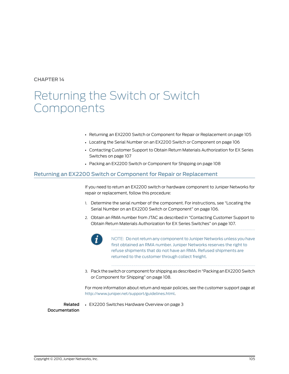 Chapter 14, Returning the switch or switch components | Juniper Networks EX2200 User Manual | Page 125 / 176