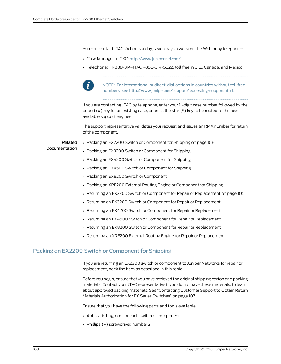 Packing an ex2200 switch or component for shipping | Juniper Networks EX2200 User Manual | Page 128 / 176