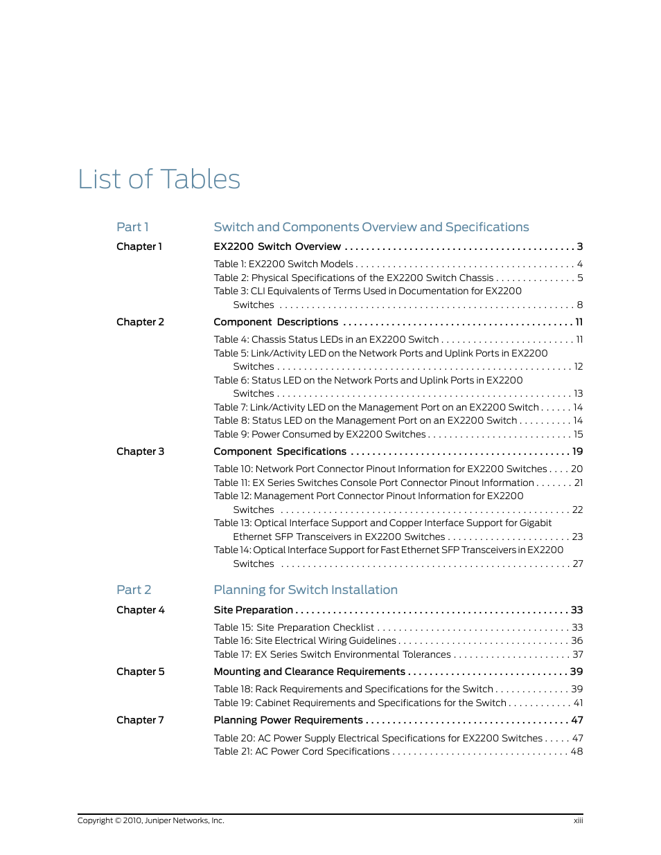 List of tables | Juniper Networks EX2200 User Manual | Page 13 / 176