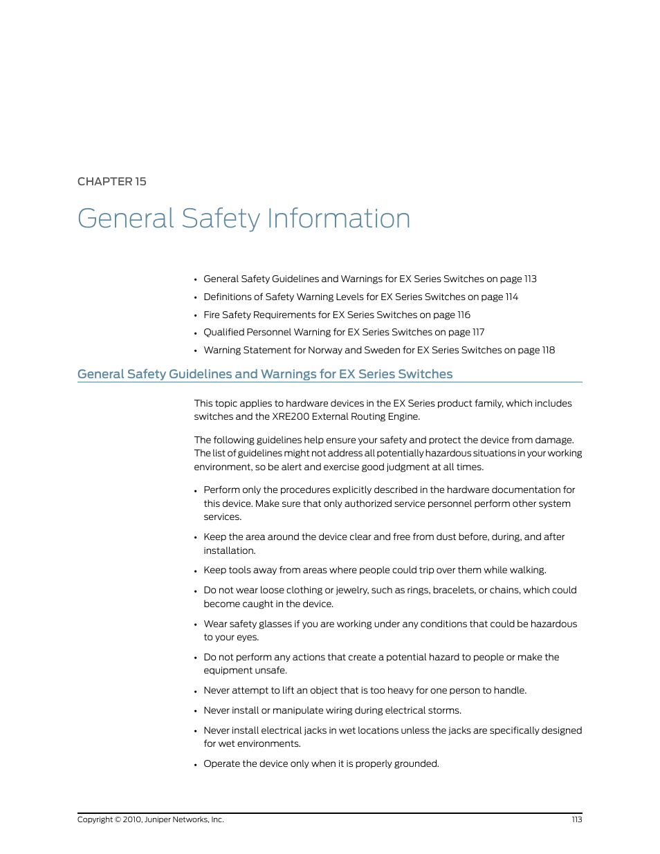 Chapter 15: general safety information, Chapter 15, General safety information | Juniper Networks EX2200 User Manual | Page 133 / 176